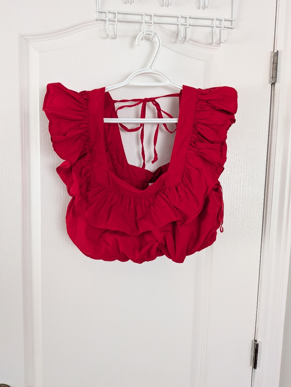 Japna Poppy Red Puff Ruffle Blouse Coastal Boho Summer Crop Top medium - Picture 5 of 8